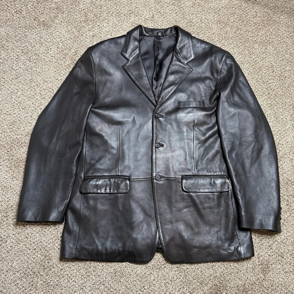 Nordstrom Black Lamb Leather Blazer Italian Made Three Button Jacket Size 46R